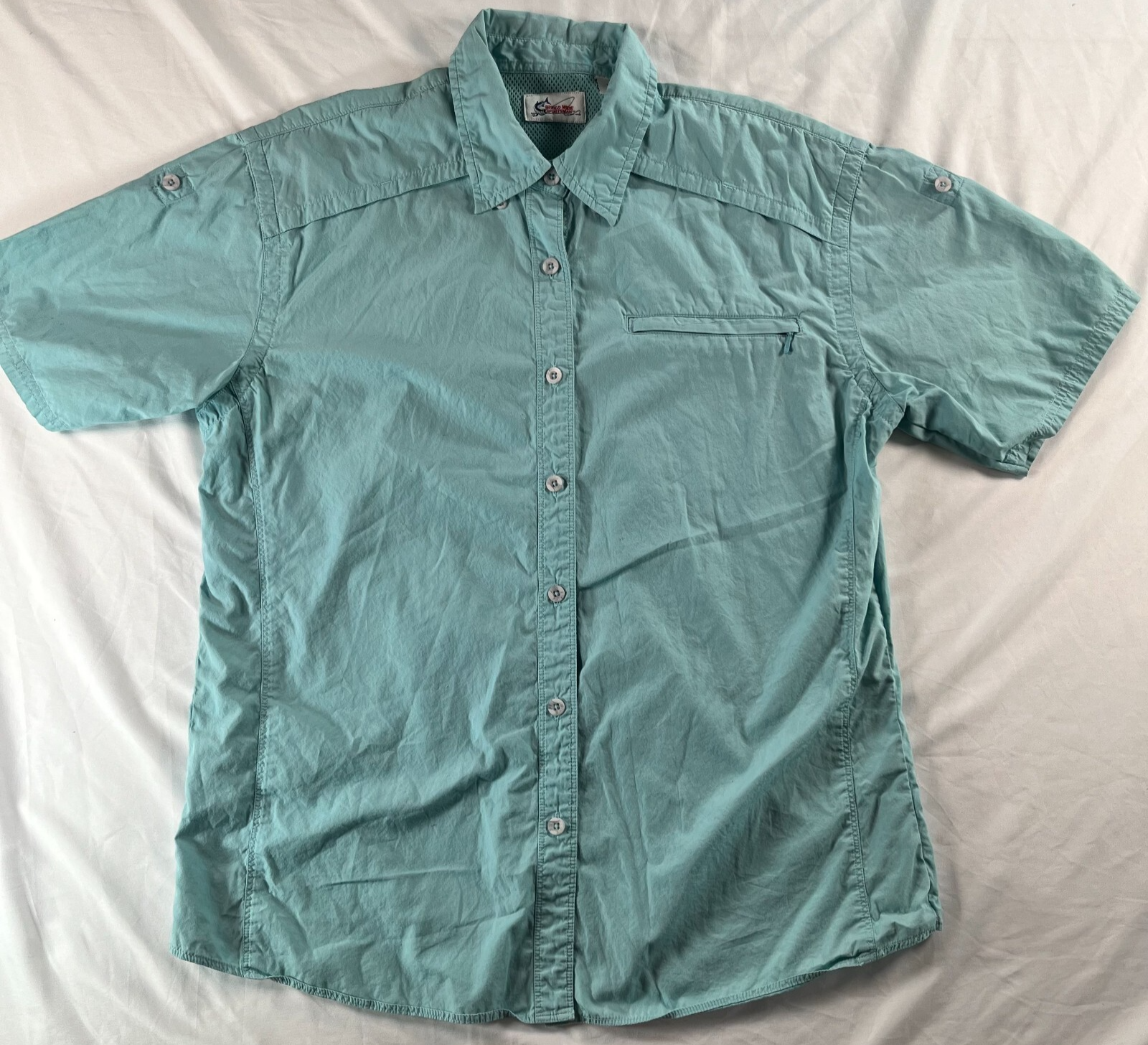 World Wide Sportsman Fishing Shirt Womens Sz XL Short Sleeve Button Up Teal