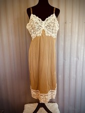 VTG Vanity Fair Nude Taupe Slip Dress Lace Nightgown Midi Nylon Feminine sz 40 L