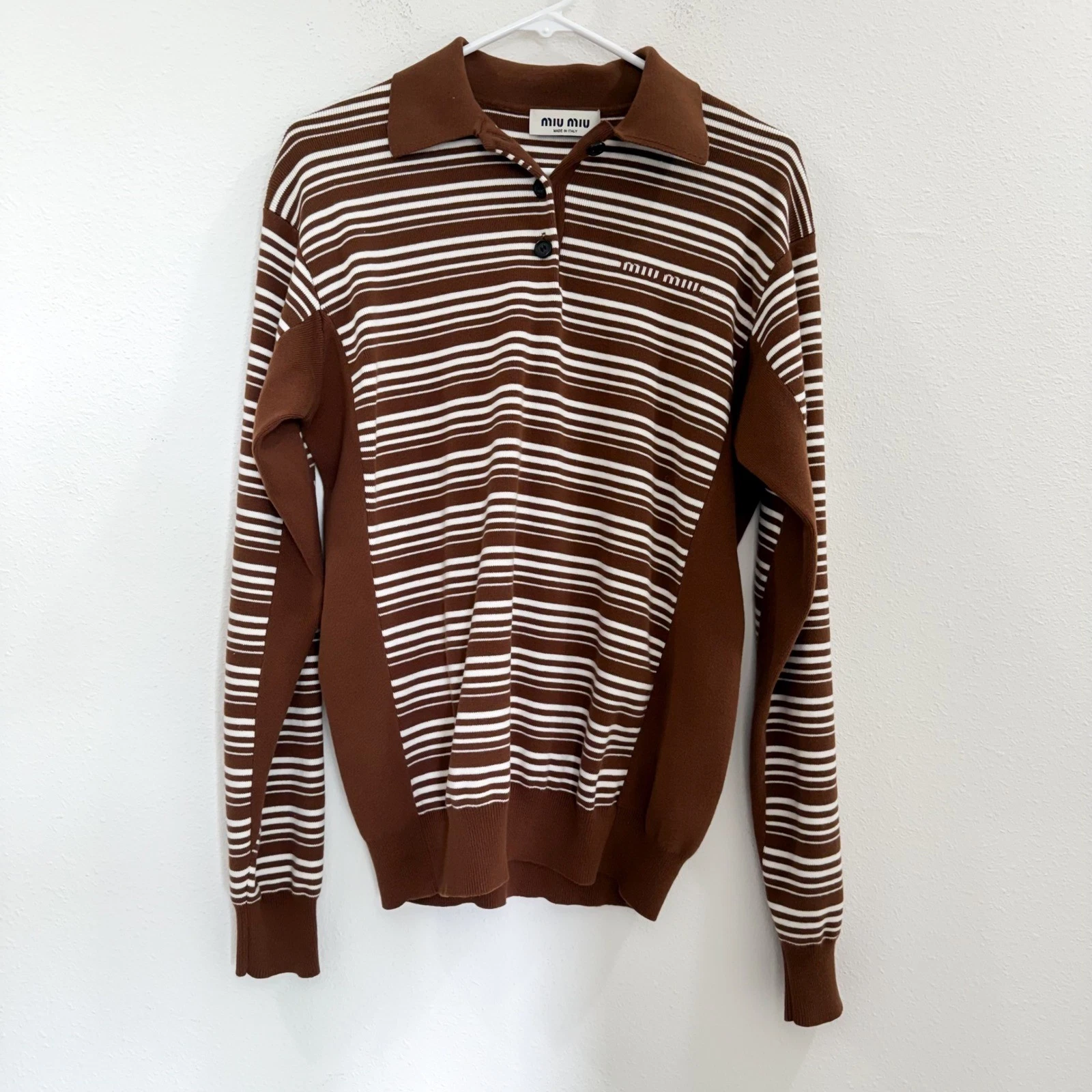 Miu Miu — Miu Miu Striped Cotton Polo Shirt Brown Boho Preppy Retro Sweater Top 36/XS
