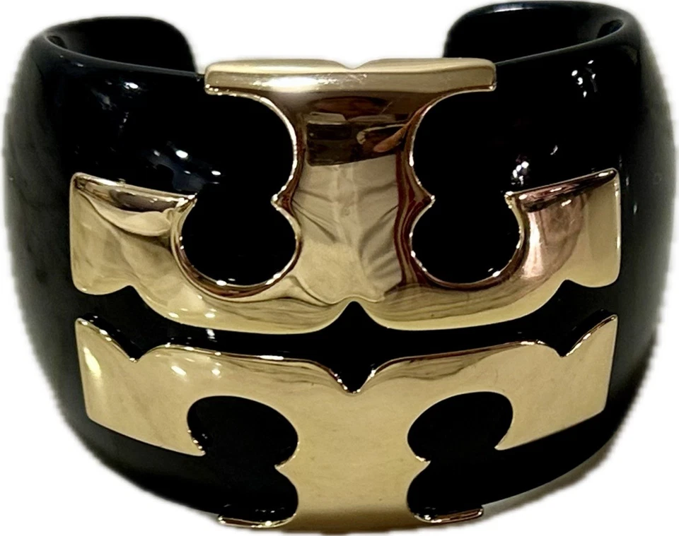 Vintage Tory Burch Elenor Cuff Bracelet Black Resin Iconic Logo 18k Gold Plated - Image 2 of 4