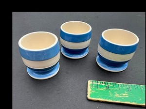 English Egg Cup/Holder  Blue And White Striped Marked "MADE IN ENGLAND" LOT of 3