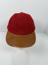 Vintage COACH Hat Baseball Cap Red Tan Leather Brim Made In USA Wool Adult Strap