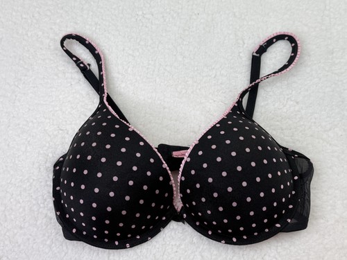Victoria's Secret Bra Womens 34D Black Polka Dot Push Up Pink Sexy Little Thing
