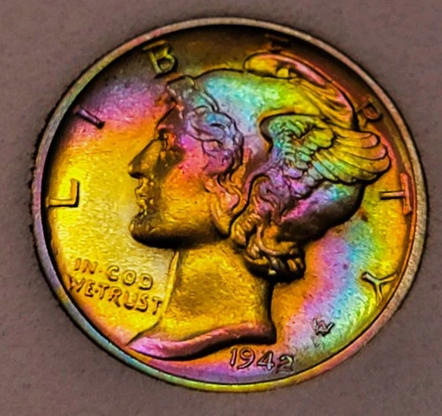 1942- MERCURY SILVER DIME. BRILLIANT UNC. INSANE VIBRANT TONER. 231