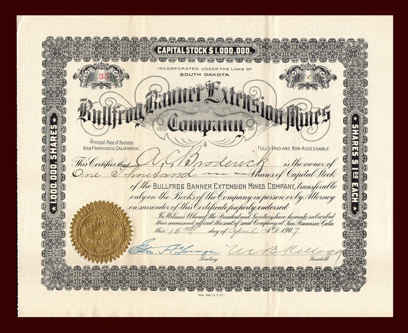 1907 BEATTY NEVADA ⛏️ Bullfrog Banner Extension Mines Co. Stock Certificate NYE