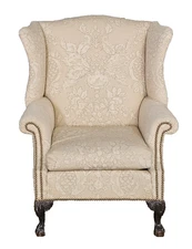 Chippendale Style Mahogany Wing Chair Ball & Claw Feet Nail Head Trim Damask