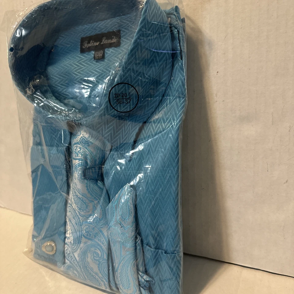 Camisa de vestir para hombre Fortino Landi puño francés con corbata y pañuelo azul/turquesa Foto 3 de 4