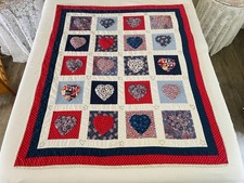 Quilt Patchwork Heart Appliqu American Flag Red White Blue Cotton Signed 48x55
