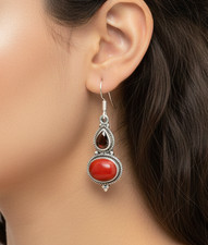925 Solid Sterling Silver Red Coral And Garnet Hook Earring-1.6 Inch