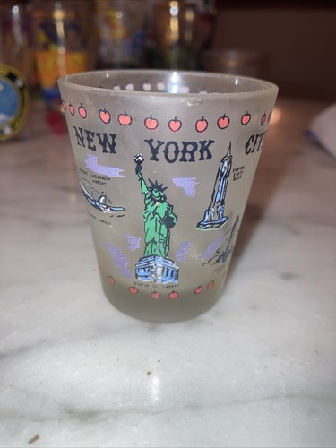 Vintage Shot Glass New York City Famous Landmarks Frosted
