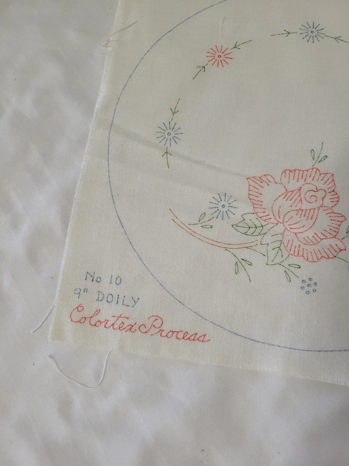 Vintage Linen Stamped Cross Stitch Embroidery 9x9 Floral Rose Doily Pattern  - Image 2 of 4