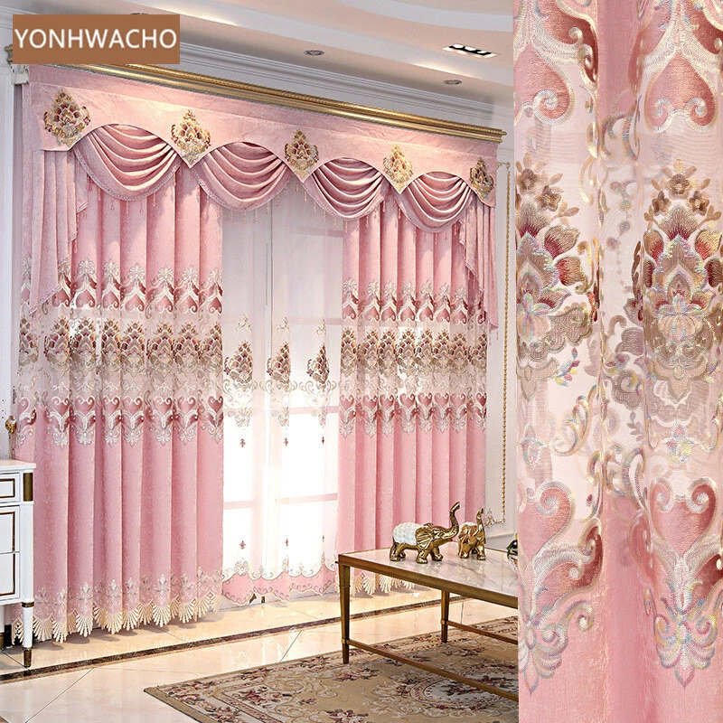 luxury American chenille embroidery pink cloth blackout curtain