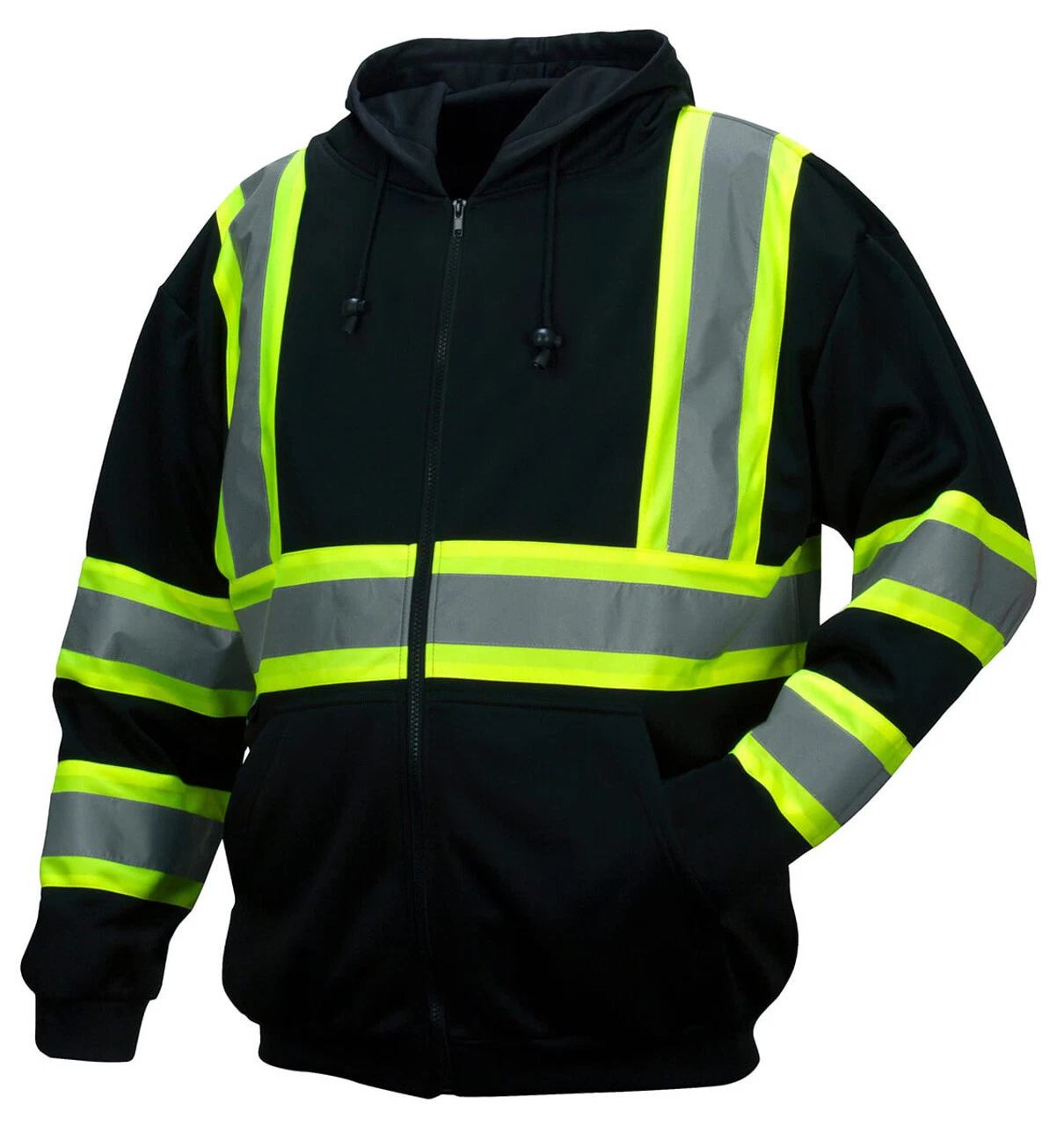 BLACK HI VIS ANSI REFLECTIVE ROAD WORK ZIP UP HOODED FLEECE HOODIE SWEATSHIRT
Opens in a new window