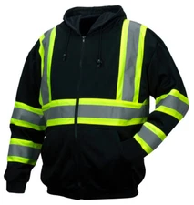 BLACK HI VIS ANSI REFLECTIVE WORK SAFETY ZIP UP HOODED FLEECE HOODIE SWEATSHIRT