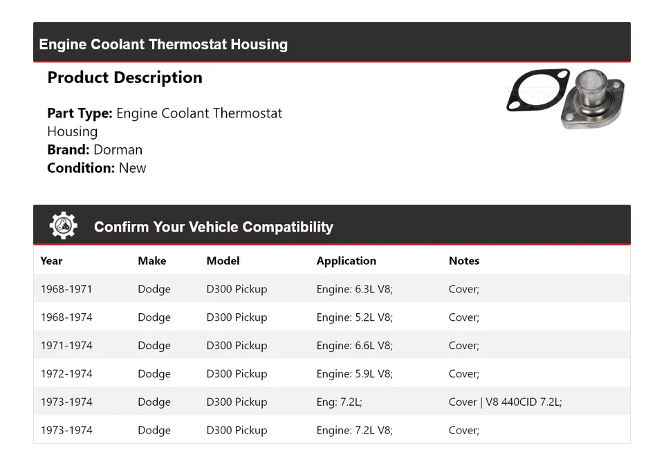 Carcasa termostato refrigerante motor Dorman 1969 para camioneta Dodge D300 1968-1974 Foto 2 de 4