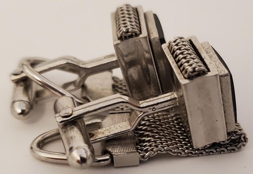 Vintage Swank Cuff links Black Stone Silver Tone Metal Wrap Around Used (PP) - Picture 4 of 6
