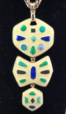 1970s EISENBERG Artist Series Cream w Blue Green Black Enamel Pendant Necklace