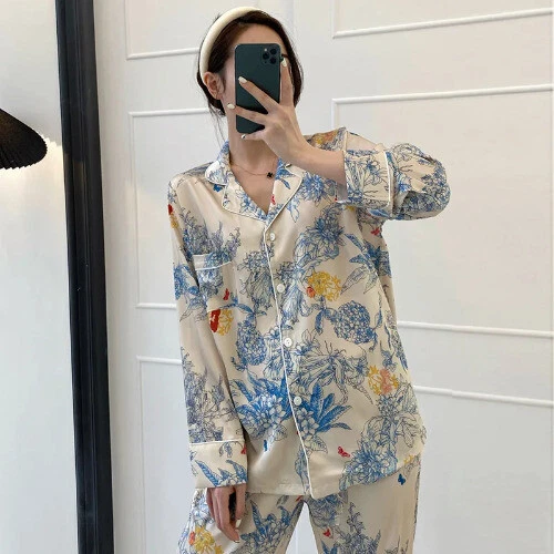 Pijama Seda Hielo Mujer Pijama Primavera Manga Larga Hogar Set - Imagen 11 de 49