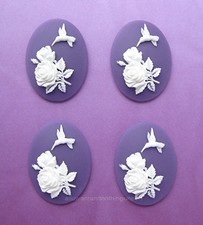 4 White HUMMINGBIRD & ROSES on Purple 40mm x 30mm CAMEOS for DIY Crafts & Gifts