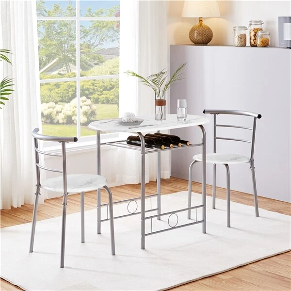 Compact Dining Table and 2 Chairs Set 3 Piece Dining Table Set with Steel Legs