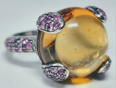 18 Karat Weißgold Ring mit Citrin Cabochon und Rubinen Größe 5,75