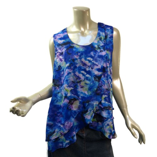 Keren Hart Layered Asymmetric Tank Top Large Blues Purples Watercolor Georgette - Picture 4 of 7
