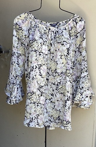 Chaps Ralph Lauren Blouse Semi Sheer Floral Top Yellow Multi Peasant Boho Sz XXL