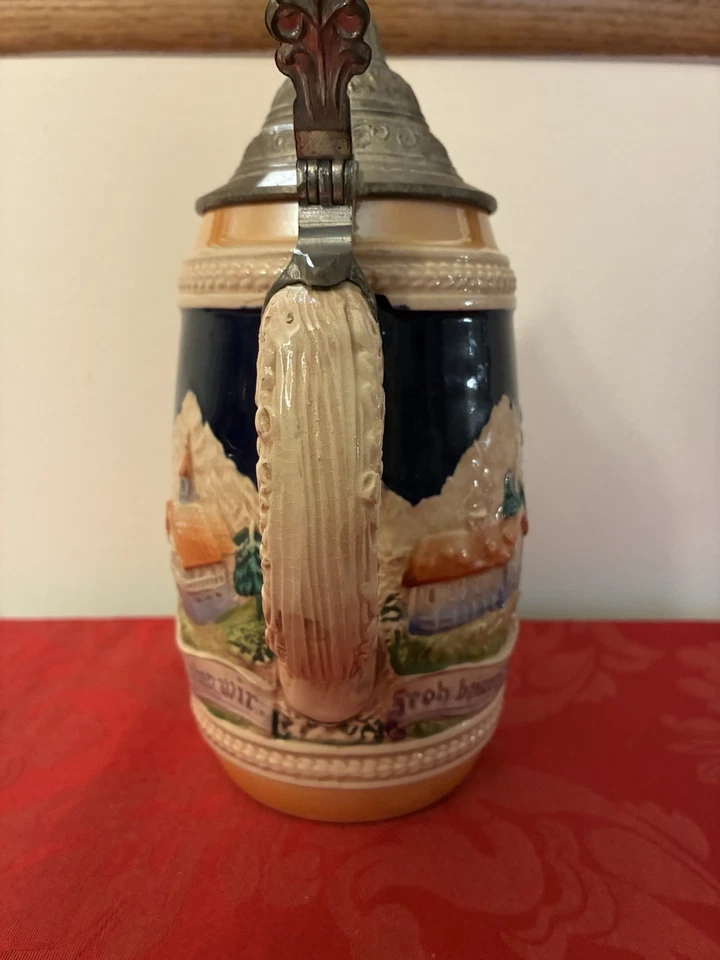 Vintage Gerz W Germany 9” Stein “Handgemalt” Drinking Beer Pipes Pewter Lid Blue - Image 3 of 4