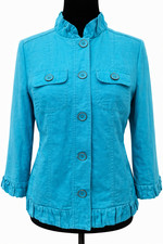 Chico's Womens Ruffled Button Down 3/4 Sleeve Jacket Size 0 Blue 100 Linen