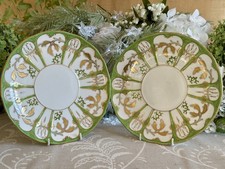 Antique Davenport Plates PAIR c1850 Hand-Painted Green & Gold 9 1/4” inches 