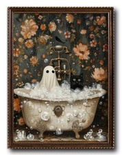 Vintage Framed Halloween Ghost and Black Cat In Bathtub Canvas Wall Art