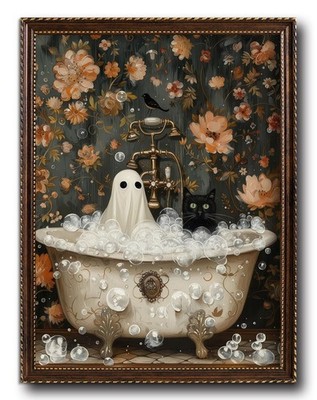 Vintage Framed Halloween Ghost and Black Cat In Bathtub Canvas Wall Art
