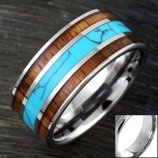 Engraved 10mm Tungsten Men's Turquoise and Double Koa Wood Wedding Band
