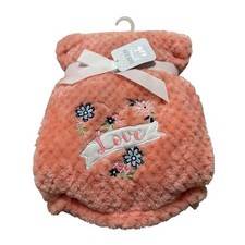 Duck Duck Goose Plush Baby Blanket Coral Pink Embroidered Love Floral 30x40 NWT