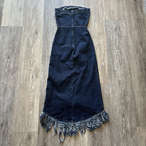 Vintage 90s Forever 21 Denim Western Strapless Fringe Hi Low Jean Dress Size S - Picture 4 of 10