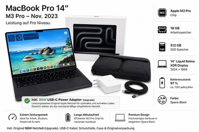 Apple MacBook Pro 14 M3 Pro 18GB 512GB Space Black   TOP Zustand 96W Original