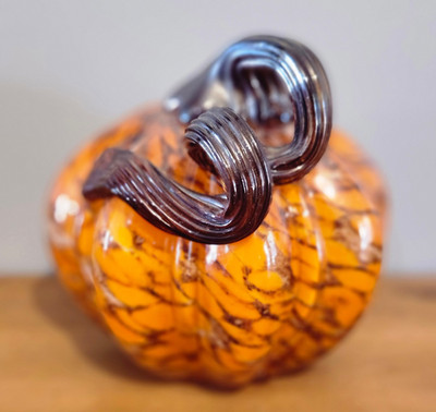 Hand Blown Art Glass Pumpkin Swirly Stem, orange, brown, 4 X 4''