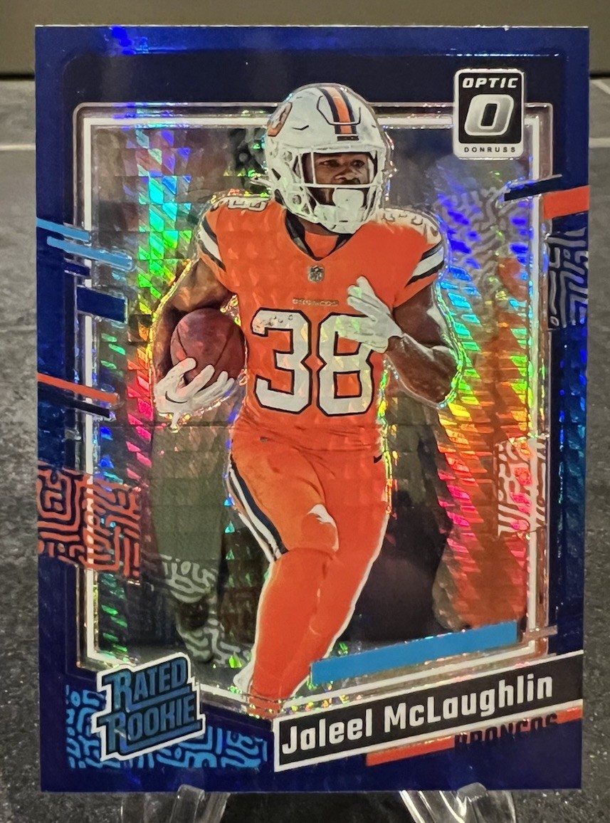 Jaleel McLaughlin 2023 Panini Donruss Optic RC Blue Hyper Prizm Rated Rookie 232