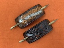 2 Leather Hair Barrettes w Sticks, Ponytail Flowers Floral Leaf Handcrafted 283