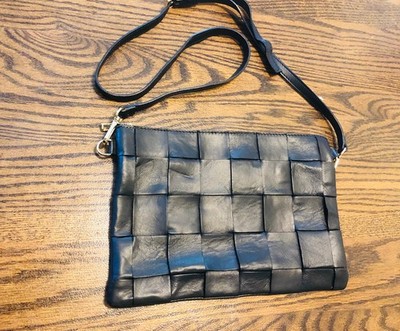 Anna Paola Crossbody Purse Italy Made Basket Weave Pebble Leather Black Handbag