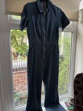 Boohoo Mid Blue Zip Through Denim Jeans Retro Boiler Jumpsuit Size 12uk