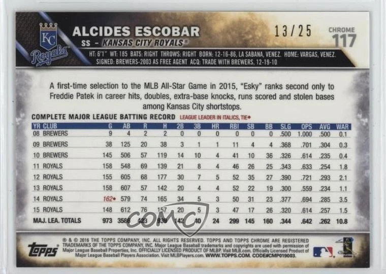 2016 Topps Chrome Orange Refractor /25 Alcides Escobar #117 - Image 2 of 2