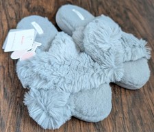 HALLUCI Women  s Faux Fur Slide Slippers Open Toe Comfort Rubber Sole Sz L 9-10 
