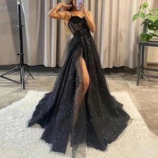 Sspaghetti Shiny Evening Dress Sexy Strap Lace Applique High Side Slit Prom Gown