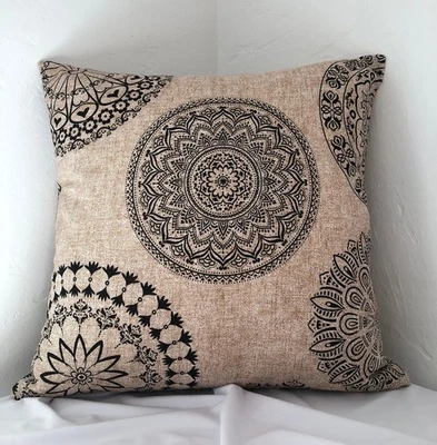 Funda Cojín Mandala Hecho a Mano - Boho Chic Beige Negro Decoración 40x40 45x45 - Imagen 1 de 4