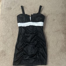 Y2K Dots Dots Bust White Satin Sash Black Mini Dress 9/10 Cocktail Party Roushed