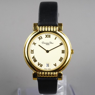 Battery-Vtg Christian Dior 45-125 Gold Tone Watch W/Lizard Band