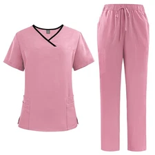 Women's Medical Scrub Set: Stretchy V-Neck Top + Straight-Leg Pants