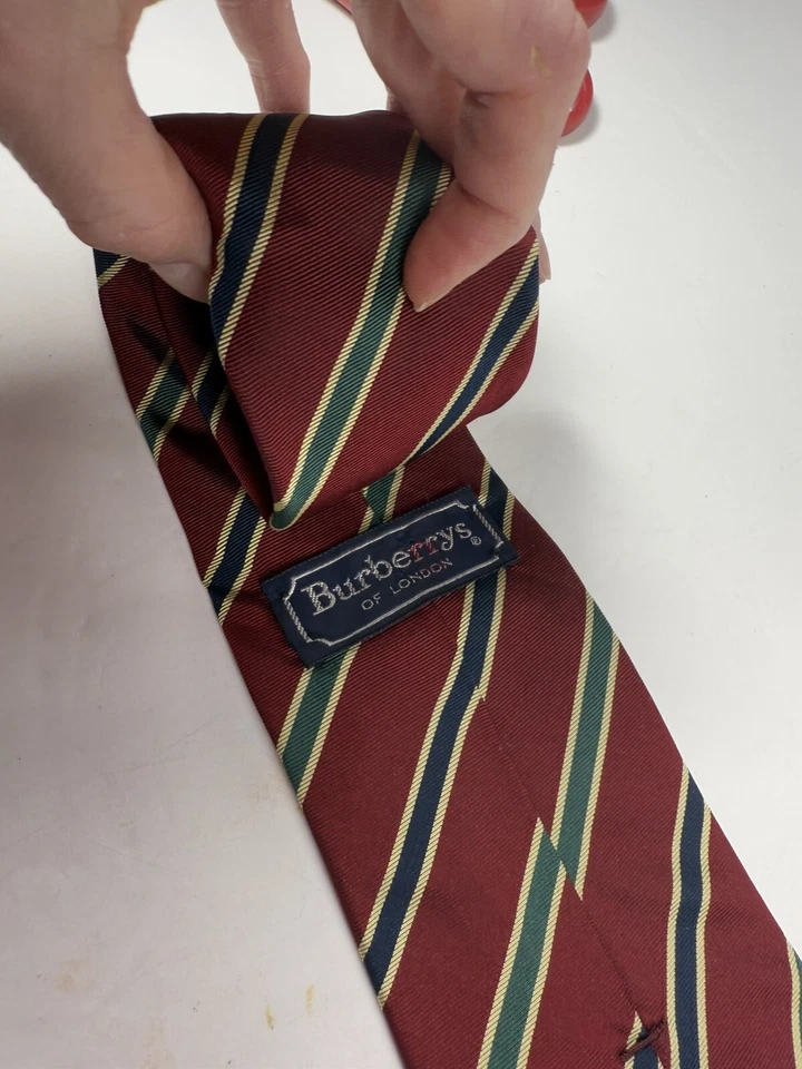 Burberrys Burgundy Navy Blue & Green Striped 100% Pure Silk Tie - Image 4 of 4