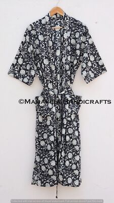 Women 100% Cotton Floral Print Black Lingerie Night Gown Sleepwear Kimono Robe